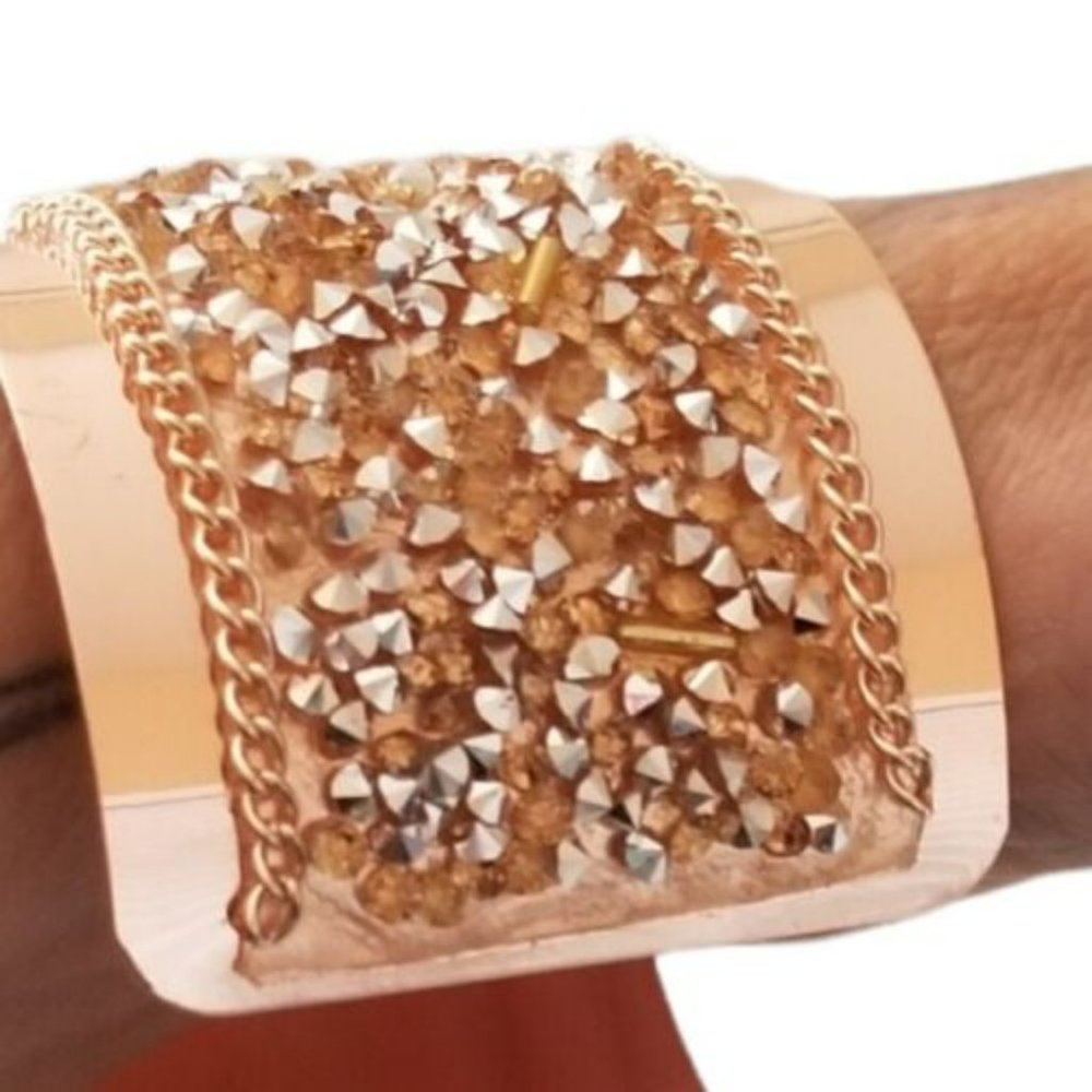 Copper Rose Gold Rhinestone Crush Glass Silver Studs Beaded Metal Cuff Bracelet - Picture 5 of 12